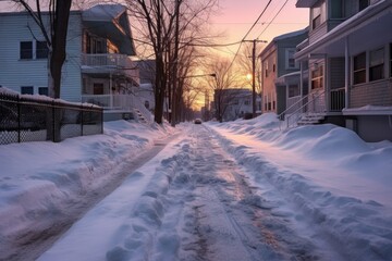 snowy footprints meandering down an unplowed sidewalk, created with generative ai