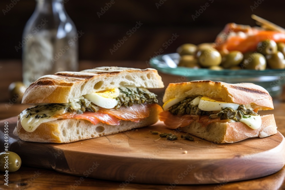 Wall mural gourmet sandwich with smoked salmon, cream cheese, and capers, created with generative ai