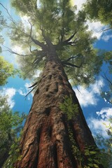 Fototapeta premium low angle view of towering tree trunk reaching skyward, created with generative ai