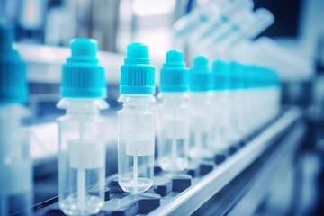 hand with sanitary gloves check Medical vials on production line at pharmaceutical factory, Pharmaceutical machine working pharmaceutical glass bottles production line | Generative AI