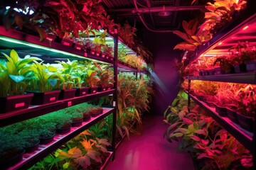 led lights illuminating rows of plants indoors, created with generative ai