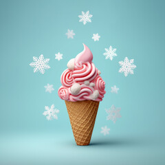 A frosty pink ice cream in cone and white snowflakes against pastel blue background. Generative AI.