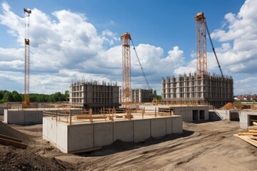 Fototapeta premium construction site with crane lifting concrete blocks in the air, created with generative ai