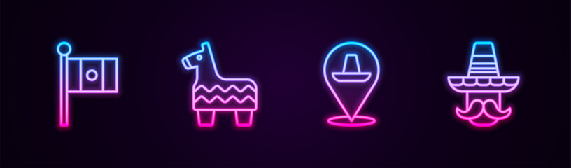 Set line Mexico flag, Pinata, Mexican sombrero and man. Glowing neon icon. Vector
