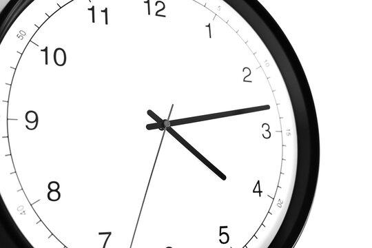 Part of analogue plain wall clock on white wall background. Four o'clock twelve minutes. Close up with copy space, timing, time management, opening hours time, school concept and lunch time.