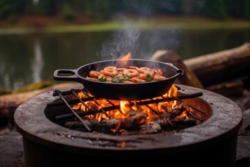 grilling shrimp with smoky campfire in the backdrop, created with generative ai