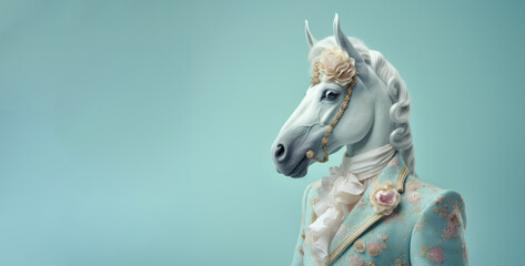 Stunning white horse dressed in a retro-modern human suit, reminiscent of French court fashion from the Middle Ages. Generative AI.