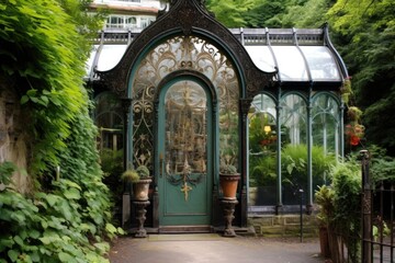 Naklejka premium victorian greenhouse entrance with decorative ironwork, created with generative ai
