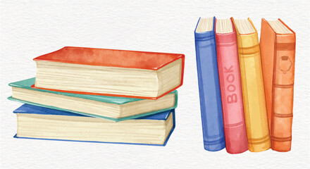 Stack of books. School books pile. Education book heap. Study books pile. Textbook stack for reading. hand drawn watercolor illustration