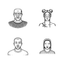 Human Avatars Collection. Diverse faces of people. Characters set. Happy emotions. Portrait for social media, website. Men and women, grandparents and girls. Hand drawn doodle sketch.