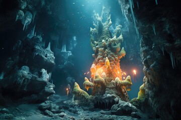 Fototapeta na wymiar glowing hydrothermal vent surrounded by deep-sea creatures, created with generative ai