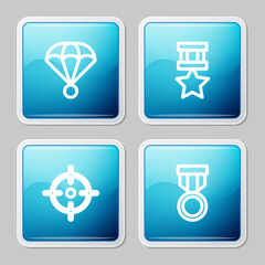 Set line Parachute, Military reward medal, Target sport and icon. Vector