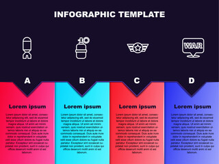 Set line Rocket launcher, Hand grenade, Star American military and The word war. Business infographic template. Vector