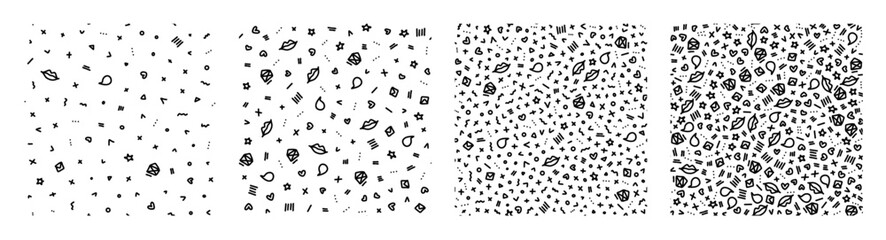 Vector doodle seamless pattern set. Tiny elements hand drawn hearts, lips, kisses, speech bubbles, letters and geometric items background. Tiny elements repeatable backdrops. - 624936332