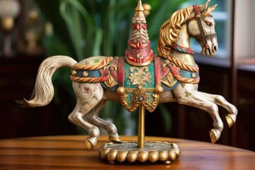 ornate vintage carousel horse with brass pole and colorful saddle, created with generative ai