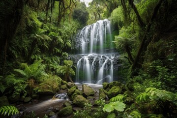 majestic waterfall with cascading water flow, surrounded by lush greenery, created with generative ai