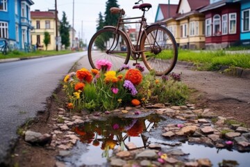 pothole filled with colorful flowers, with a bicycle passing by, created with generative ai
