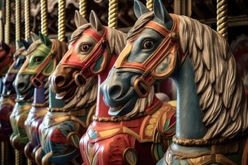 Fototapeta na wymiar carousel horses in a row, showcasing their unique designs, created with generative ai