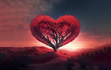 Fototapeta na wymiar heart tree. Valentine's Day. love for nature. red landscape at sunset. Generated AI