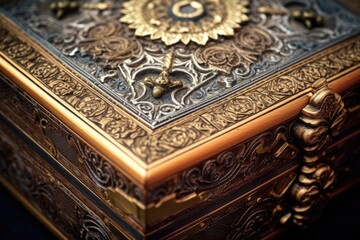 close-up of ornate vintage cigar box with intricate design, created with generative ai