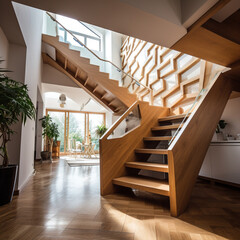 un escalier en bois dans une maison design - IA Generative - obrazy, fototapety, plakaty