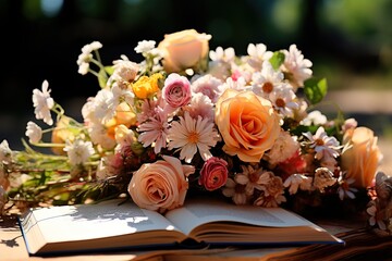 Obraz premium An open book lies on a table next to a vase of flowers on an open terrace. Romantic mood. Books for school or university programs, career development or self-development. AI generation