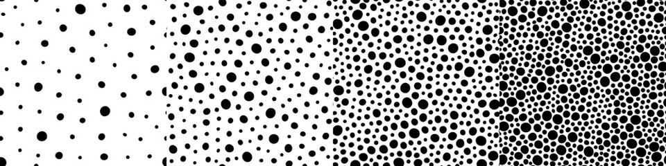 Black circles background, seamless patterns. Vector simple repeatable backdrop set. Minimalistic wallpapers.
