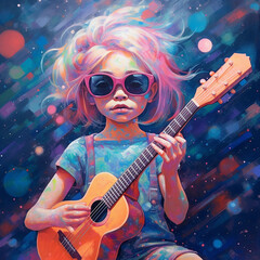 Young child playing guitar in abstract, colorful scene. 