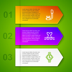 Set line Snorkel, Whale tail and Diving watch. Business infographic template. Vector