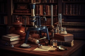 Fototapeta na wymiar antique microscope on wooden table with old books, created with generative ai