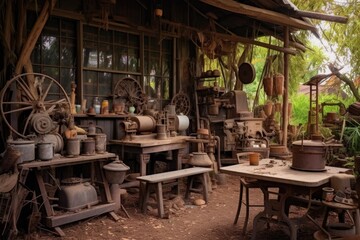 Fototapeta premium rustic coffee farm with old machinery and tools, created with generative ai