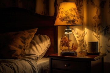 dimly lit bedside lamp creating warm ambiance, created with generative ai