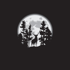 Full moon Deer and the forest silhouettes vector illustration design template, Midnight, Halloween style