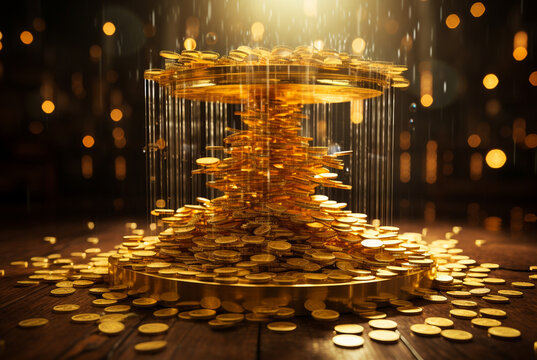 Fountain Of Gold Coins Raining On Black Background. Generative AI