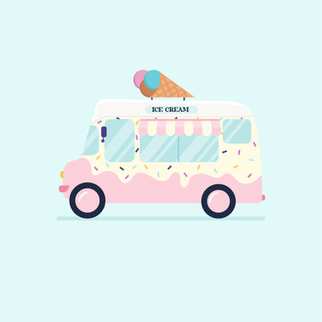 Mobile vintage ice cream shop truck icon in retro style. Van with ice cream on the roof. 
