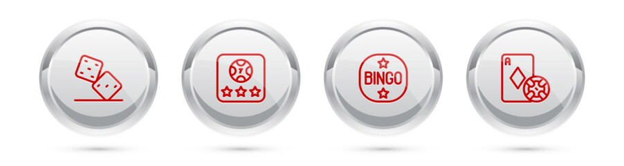 Set line Game dice, Online poker table game, Bingo and Casino chip and playing cards. Silver circle button. Vector