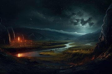 thunderstorm over a volcanic landscape at night, created with generative ai