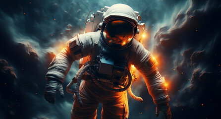 Astronaut floating in outer space. Zero gravity alien spacesuit in cosmos, universe, galaxy background
