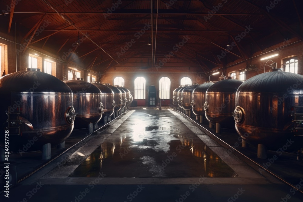 Poster wide shot of brewery fermentation tanks in a row, created with generative ai