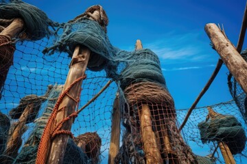 abstract pattern of old fishing nets against blue sky, created with generative ai