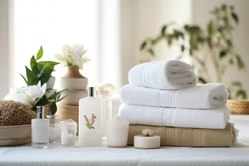 Fotobehang Schoonheidssalon Towels with herbal bags and beauty treatment items setting in spa center in white room   Generative AI