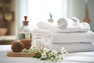 Towels with herbal bags and beauty treatment items setting in spa center in white room | Generative AI