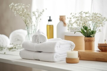 Fototapeta na wymiar Towels with herbal bags and beauty treatment items setting in spa center in white room | Generative AI