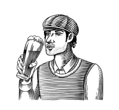man drinking beer, black and white engraving clip art preview