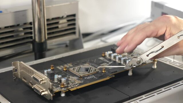Preparation of the video card and infrared soldering station for unsoldering the GPU chip.