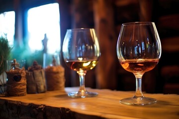 close-up of wine glasses on a rustic wooden table, created with generative ai