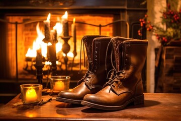 cozy winter boots near fireplace, soft lighting, created with generative ai