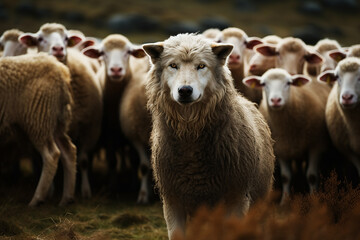 Wolf dressed as a lamb in the middle of the flock. Generative AI.