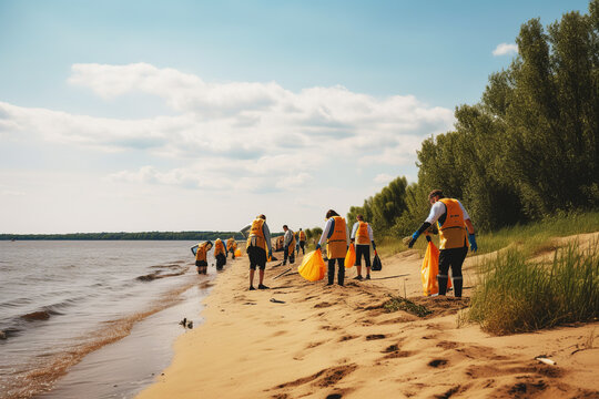 Anonymous volunteers clean up a beach. Generative AI.