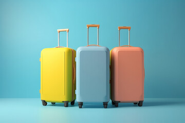 Mockup colourful suitcases with handle for things, baggage. Travel shop advertising. Generative AI